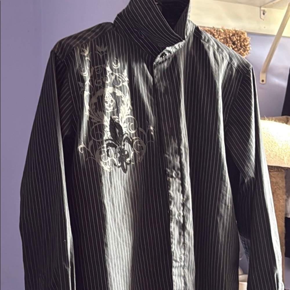 Black and White Casual Button Down Shirt with Ribbed Texture